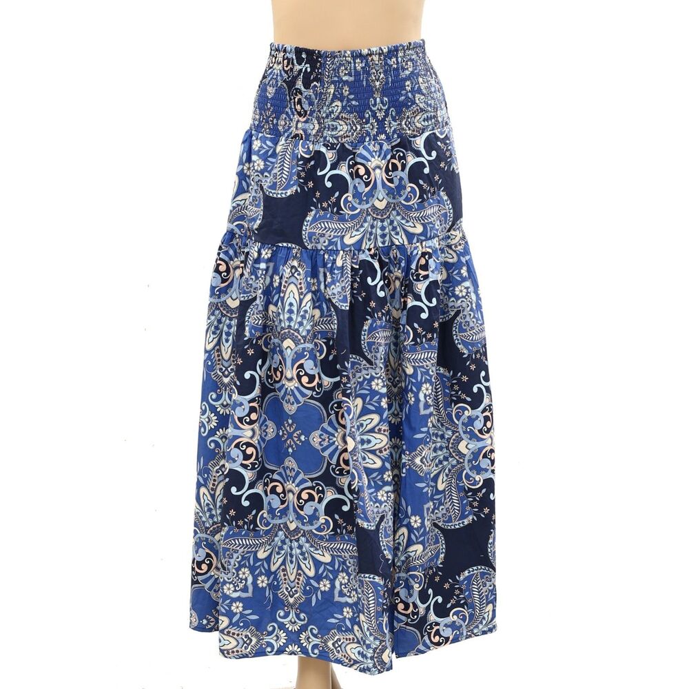 By Anthropologie Love The Label Midi Skirt Paisley Printed Smocked Navy M 286619